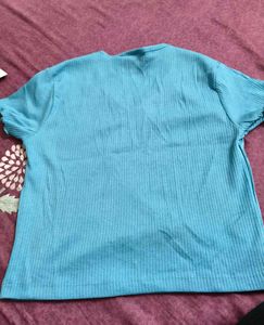 Blue Ribbed V-Neck Top