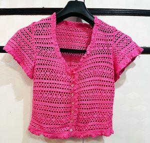 Crocheted Pink Cropped Cardigan Top