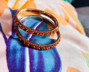 Vibrant Red and Green Stone-Studded Bangles