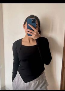 MYWISHBAG Black Square Neck Long Sleeve Top
