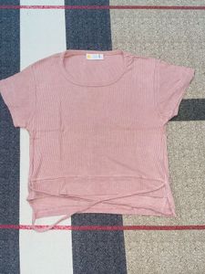 Pink Ribbed Knit Crop Top with Tie Detail