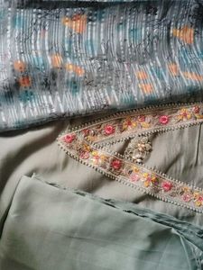 Green Embroidered Dress Material Set