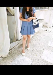 Blue Collared Zip-Up Pleated Dress