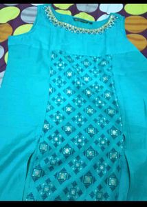 Teal Kurta with Embellished Neckline
