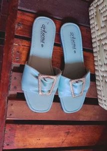 Blue Embellished Slide Sandals