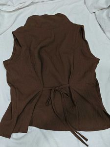 Sleeveless Brown Button-Up Top