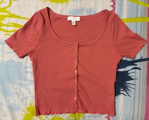 Cute Pink Ribbed Button-Up Top