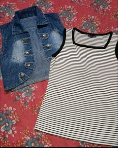 Denim Vest & Striped Top Set