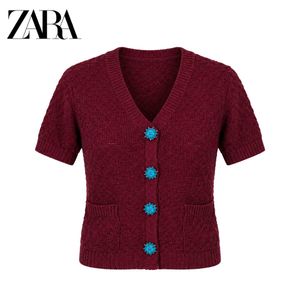 Zara Burgundy Knit Cardigan with Blue Buttons