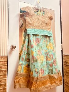 Pastel green lehenga with golden sequin blouse