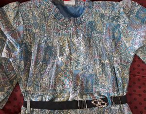 Patterned Midi Dress with Belt