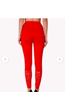 Vibrant Red Lace Trim Leggings