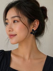 New Dark Black Floral Stud Earrings