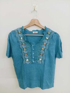 Blue Embroidered Boho Blouse