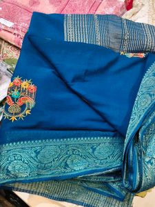 Beautiful Teal Blue Embroidered Saree