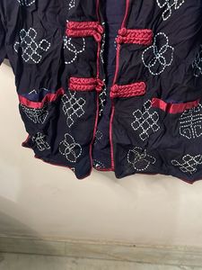 Unique Embroidered Blue Mandarin Collar Top
