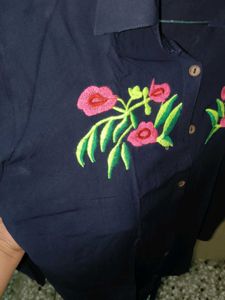 Embroidered Navy Blue Collared Shirt