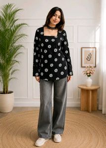 Black Floral Print Square Neck Top_S