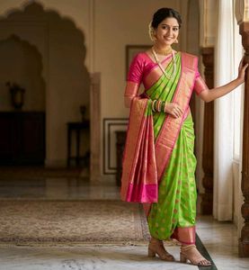 Vibrant Green &amp; Pink Saree