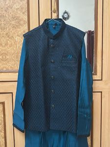 Teal Men’s Kurta Pyjama with Nehru Jacket Set