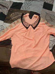 Korean Peach Lace Trim Collared Top