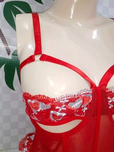 (725)Red Heart Lace Lingerie Bodysuit