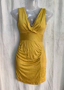 I. Mustard Yellow Ruched V-Neck Dress