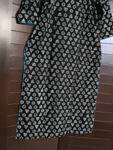 Black Printed Kurta with Blue Embroidery