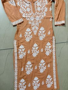 Elegant Peach Kurta with White Embroider