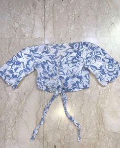 Blue Floral Tie-Front Crop Top
