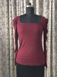Maroon Puff Sleeve Square Neck Top