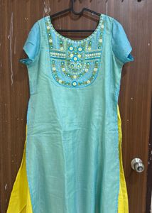 Embroidered Teal Kurta with Yellow Accents