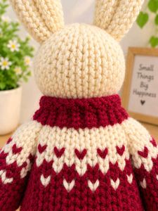 Handmade Knitted Bunny Doll with Maroon Sweater |