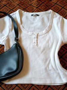 Zudio White Ribbed Henley Top
