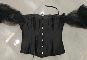 Black Off-Shoulder Corset Top with Tulle Sleeves