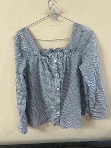 Striped Ruffled Neck Button-Up Shirt