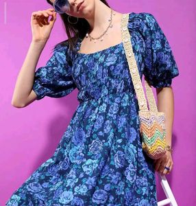 Blue Floral Smocked Square Neck Dress