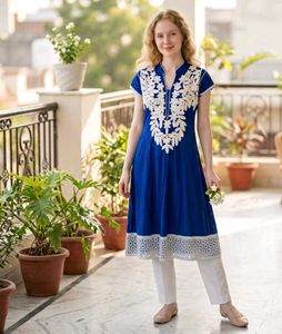 Elegant Blue Kurta Set with White Embroidery