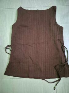 Brown Ribbed Top with Tie Detail