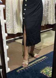 Black Wrap Midi Skirt with Button Detail | Elegant