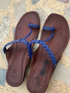 Brown Leather Sandals with Blue Braided Straps