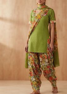 Green Kurta Set with Floral Pants