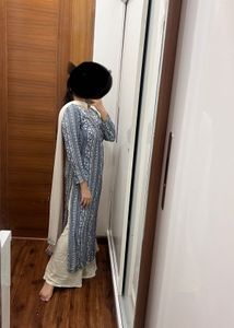 Blue &amp; White Printed Kurta Set with Dupatta