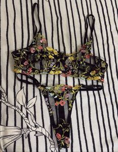 Embroidered Black Bra & Thong Set