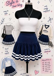 Navy Blue Pleated Mini Skirt with Stripes