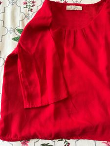 Vibrant Red Pleated Neckline Top