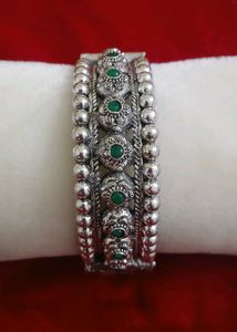 Oxidized Silver Bangle with Green Stones