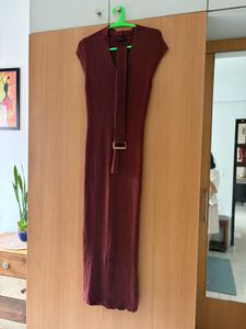 Wardrobe Maroon Striped Bodcon Dress with Belt