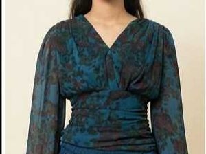 Moody Floral Teal Ruched Crop Top, V-Neck