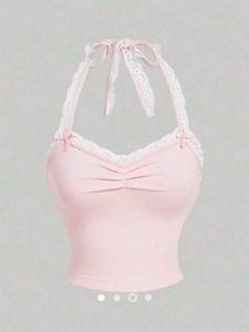 Cute Pink Lace Trim Halter Top